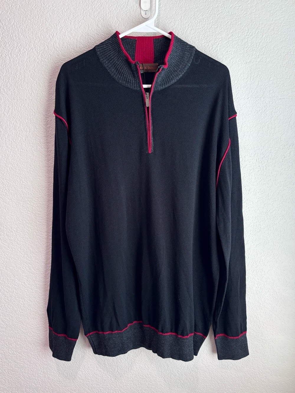 NWT Patrick James Merino Wool Blend Quarter Zip Black Red Sweater Men’s Size XXL